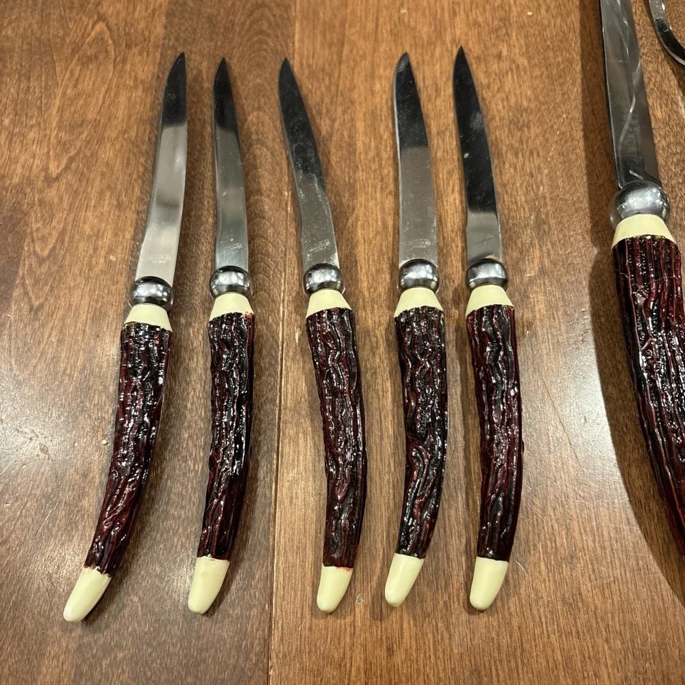 NASCO Del Coronado VTG Carving Set 8 Pc Bakelite Faux Antler Handles‎ With Box